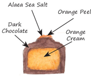Dark chocolate with orange cream, alaea sea salt and orange peel